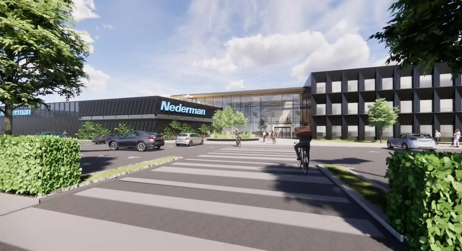 Arkitektbild av entrésidan med kundens skylt över glaspartiet. Bild 12 av 20