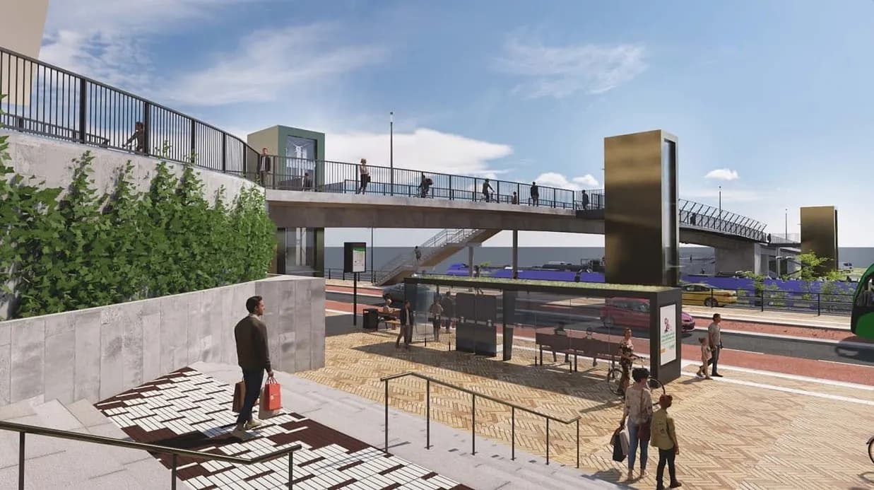 Arkitektbild av gångbron och hisstornet med havet bakom. Bild 14 av 14