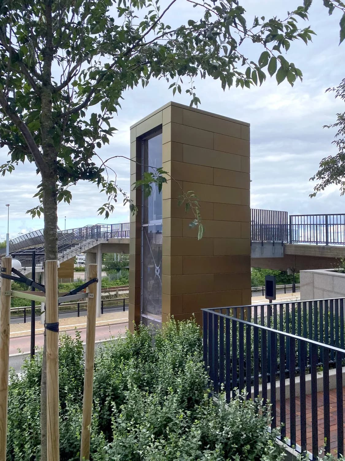 Tornet mellan träden, med gångbron i bakgrunden. Bild 5 av 14